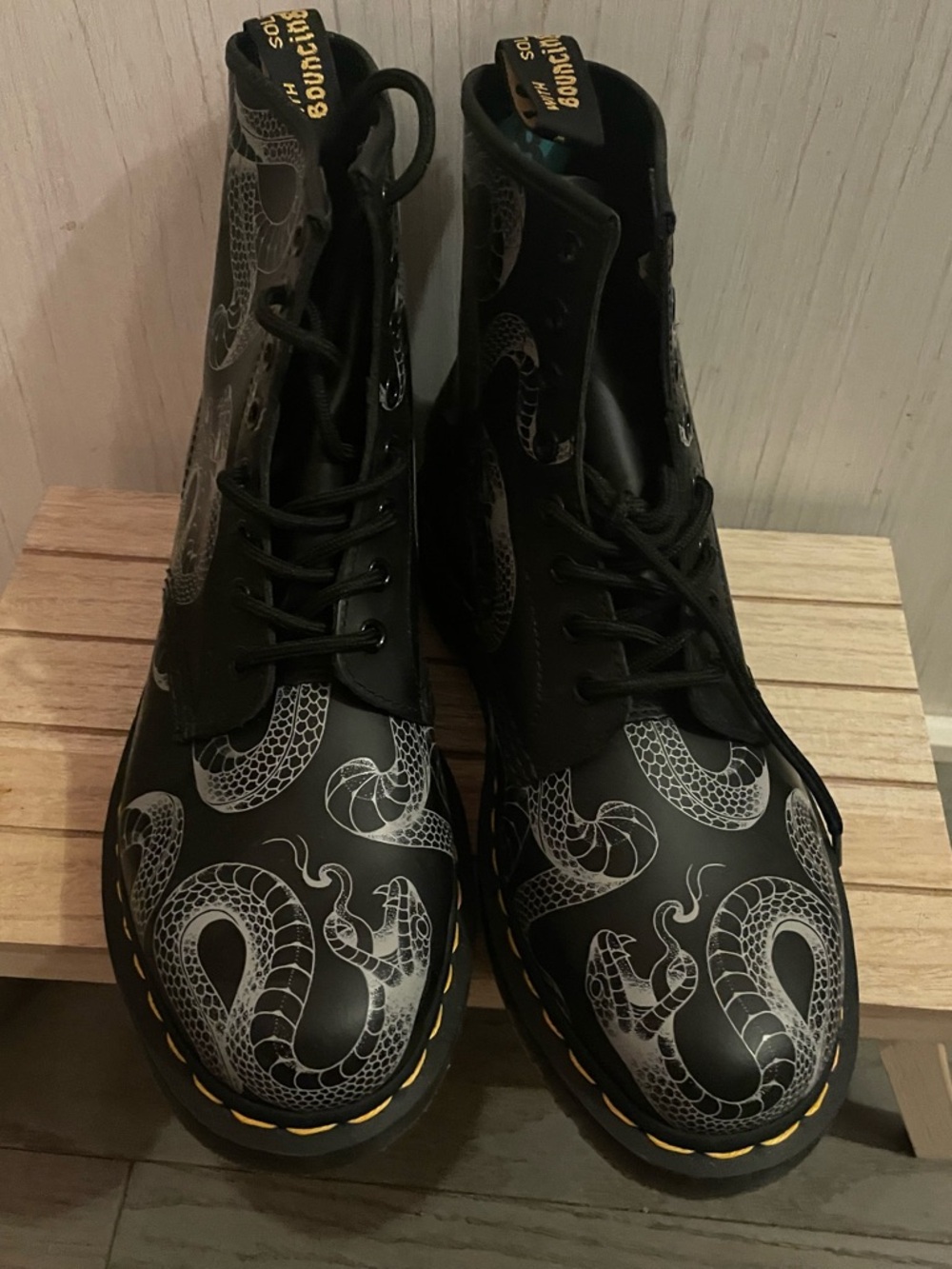 Dr. Martens Black Lace-Up Ankle Boots with Silver Snake Print